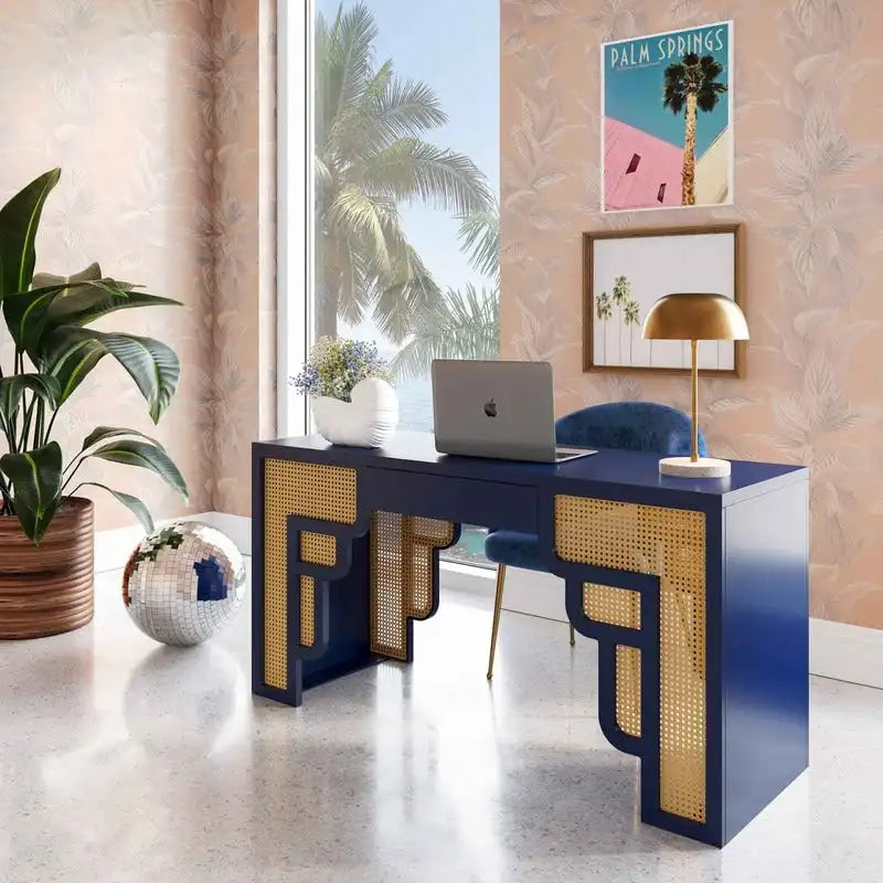 Bureau Suzie en bois et rotin à 1 tiroir