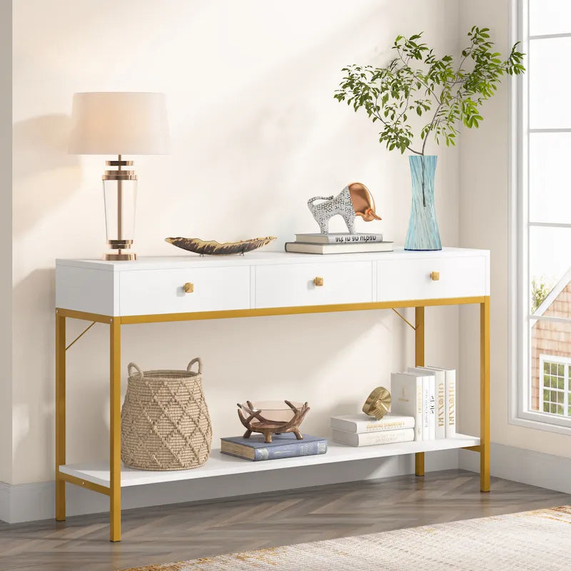 Console VANOMi 54.33 avec 3 tiroirs, table d'entrée noire avec étagères de rangement