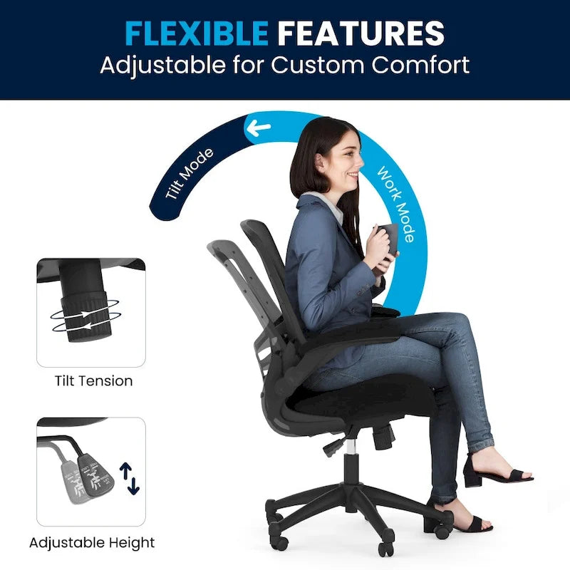 Chaise de bureau ergonomique pivotante en maille à dossier mi-haut avec accoudoirs relevables