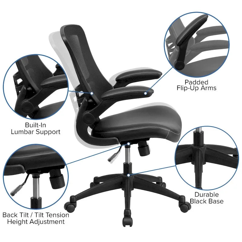 Chaise de bureau ergonomique pivotante en maille à dossier mi-haut avec accoudoirs relevables