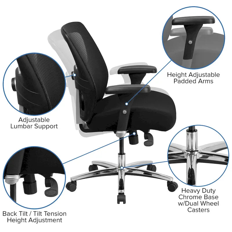 Chaise de bureau ergonomique en maille pour usage intensif 24h/24 et 7j/7, supportant jusqu'à 227 kg (500 lb).