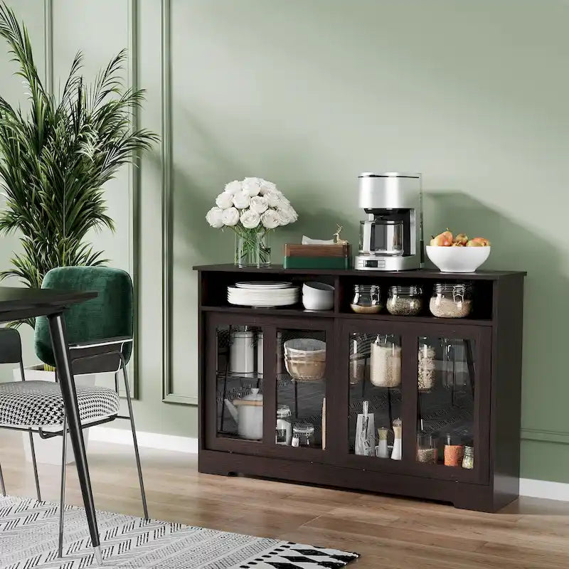 Buffet de cuisine moderne HOMCOM, armoire à portes coulissantes en verre avec étagère réglable, marron foncé