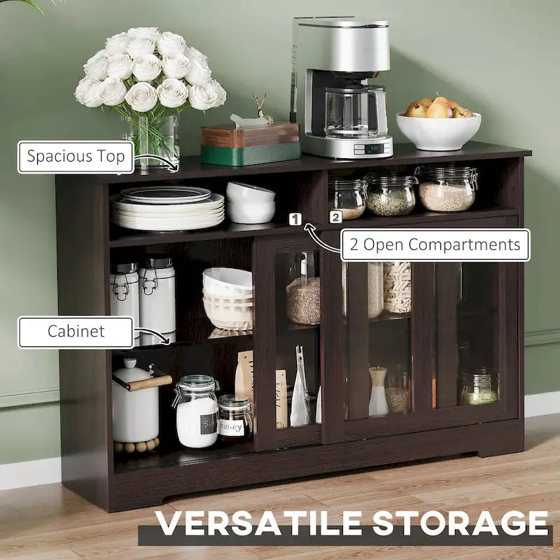 Buffet de cuisine moderne HOMCOM, armoire à portes coulissantes en verre avec étagère réglable, marron foncé