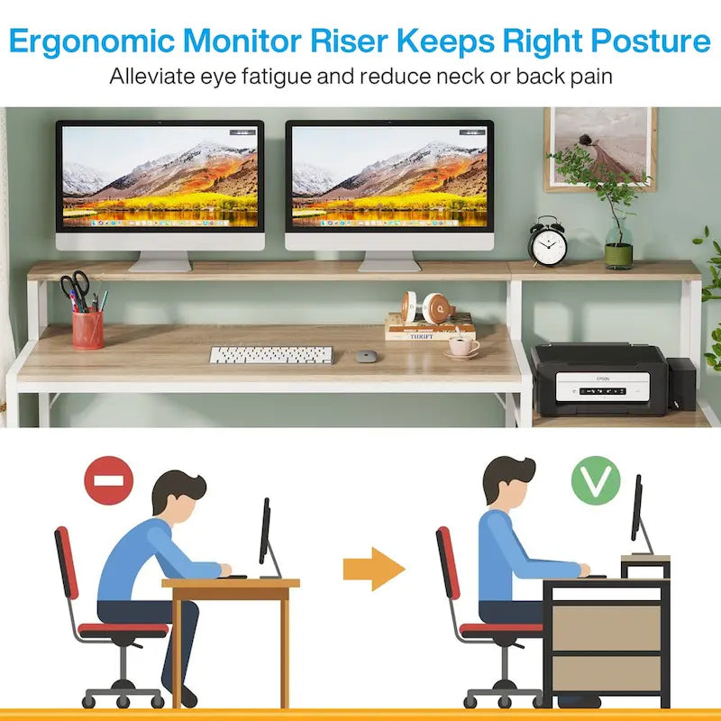 Bureau d'ordinateur 63 avec support pour écran, bureau ergonomique pour bureau à domicile avec tiroirs et classeur