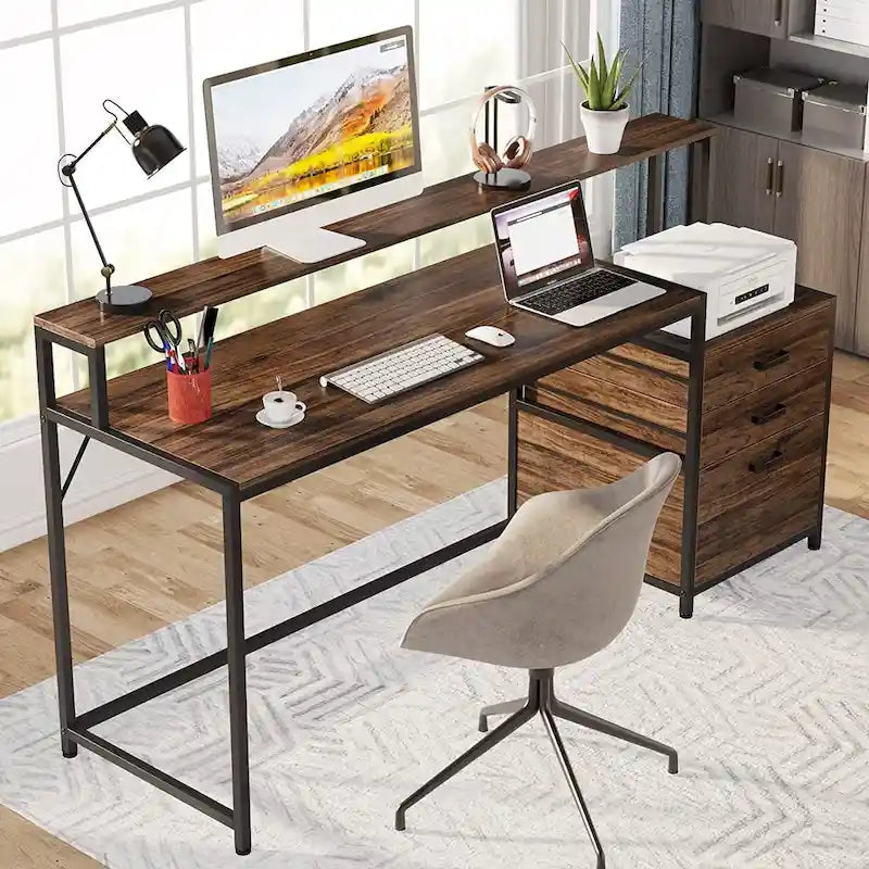 Bureau d'ordinateur 63 avec support pour écran, bureau ergonomique pour bureau à domicile avec tiroirs et classeur