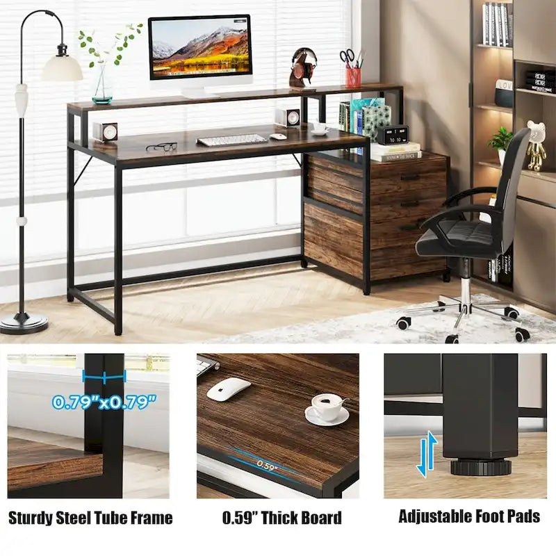 Bureau d'ordinateur 63 avec support pour écran, bureau ergonomique pour bureau à domicile avec tiroirs et classeur