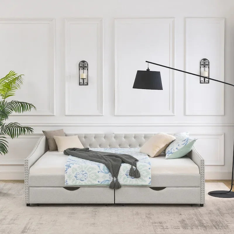 Lit de jour avec tiroirs, capitonné et rembourré