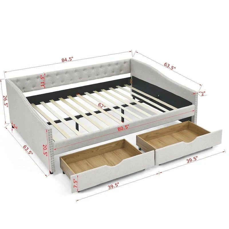 Lit de jour avec tiroirs, capitonné et rembourré