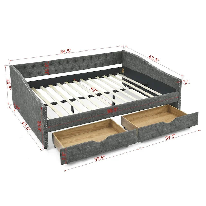 Lit de jour avec tiroirs, capitonné et rembourré