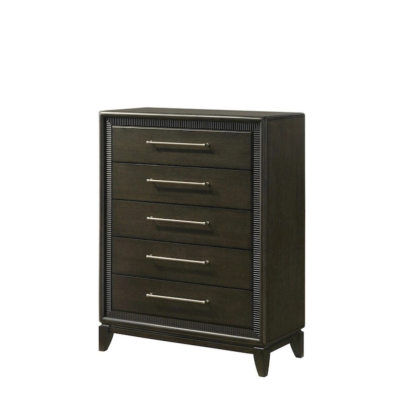 Ensemble de chambre à coucher Milana 5 pièces, style moderne contemporain, en bois massif et placage de bois noir et tissu.