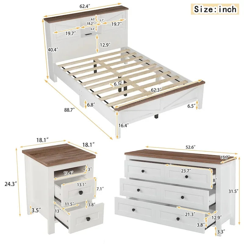 Ensemble de chambre à coucher 3 pièces : lit plateforme style ferme avec table de chevet et commode