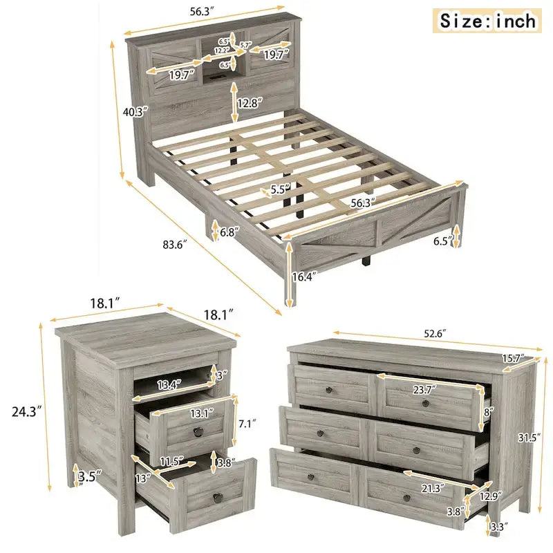 Ensemble de chambre à coucher 3 pièces : lit plateforme style ferme avec table de chevet et commode