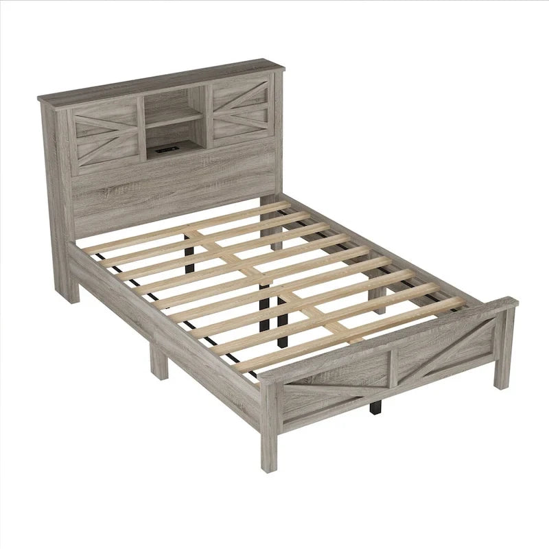 Ensemble de chambre à coucher 3 pièces : lit plateforme style ferme avec table de chevet et commode