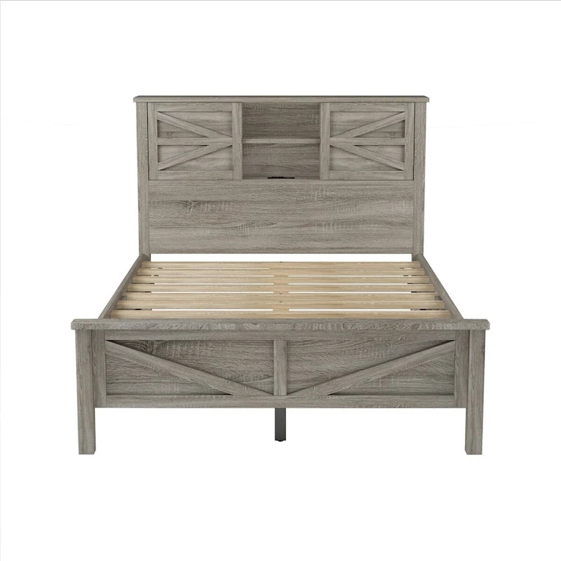 Ensemble de chambre à coucher 3 pièces : lit plateforme style ferme avec table de chevet et commode