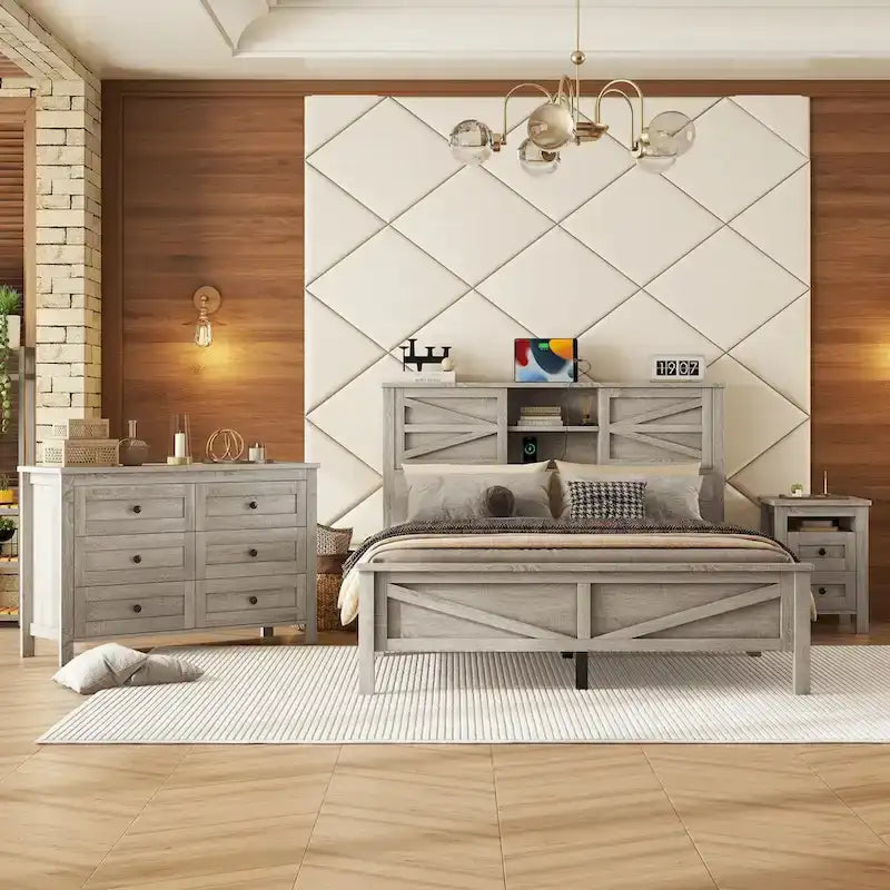 Ensemble de chambre à coucher 3 pièces : lit plateforme style ferme avec table de chevet et commode