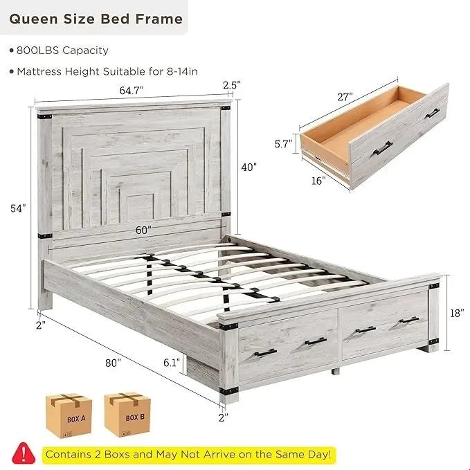 Cadre de lit Queen Size de style campagnard avec tête de lit de 54 pouces de haut et 2 grands tiroirs