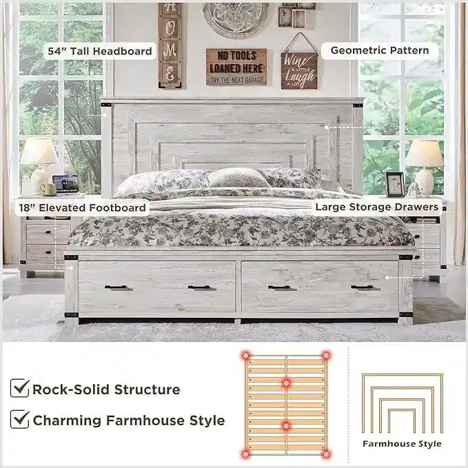 Cadre de lit Queen Size de style campagnard avec tête de lit de 54 pouces de haut et 2 grands tiroirs