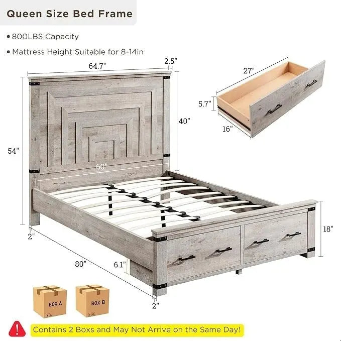 Cadre de lit Queen Size de style campagnard avec tête de lit de 54 pouces de haut et 2 grands tiroirs