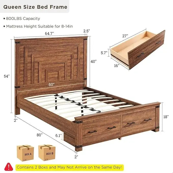 Cadre de lit Queen Size de style campagnard avec tête de lit de 54 pouces de haut et 2 grands tiroirs
