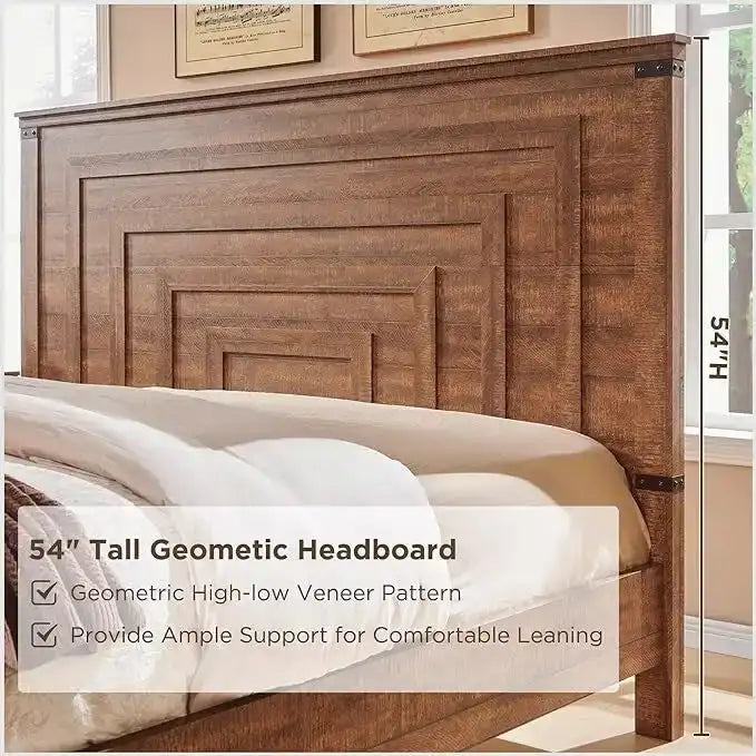 Cadre de lit Queen Size de style campagnard avec tête de lit de 54 pouces de haut et 2 grands tiroirs