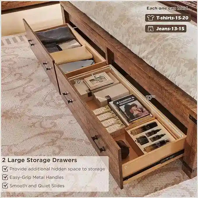 Cadre de lit Queen Size de style campagnard avec tête de lit de 54 pouces de haut et 2 grands tiroirs