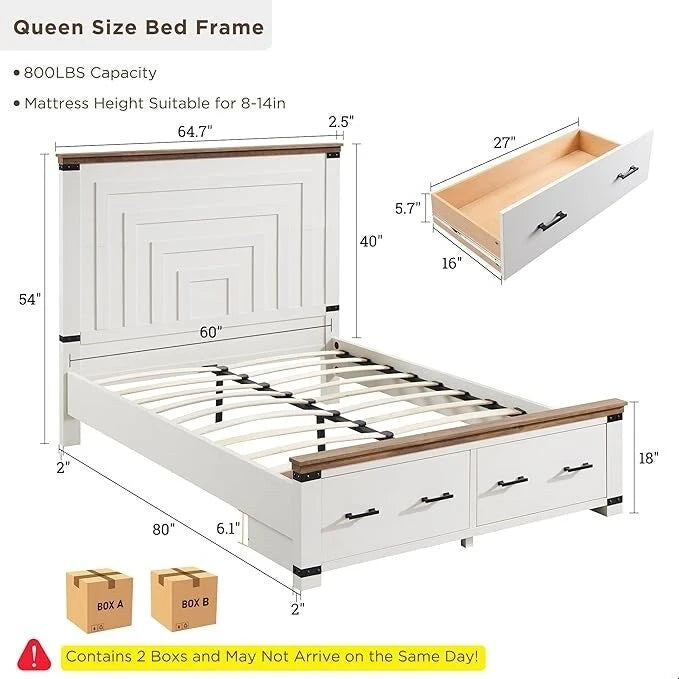 Cadre de lit Queen Size de style campagnard avec tête de lit de 54 pouces de haut et 2 grands tiroirs