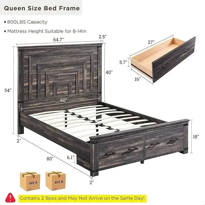 Cadre de lit Queen Size de style campagnard avec tête de lit de 54 pouces de haut et 2 grands tiroirs