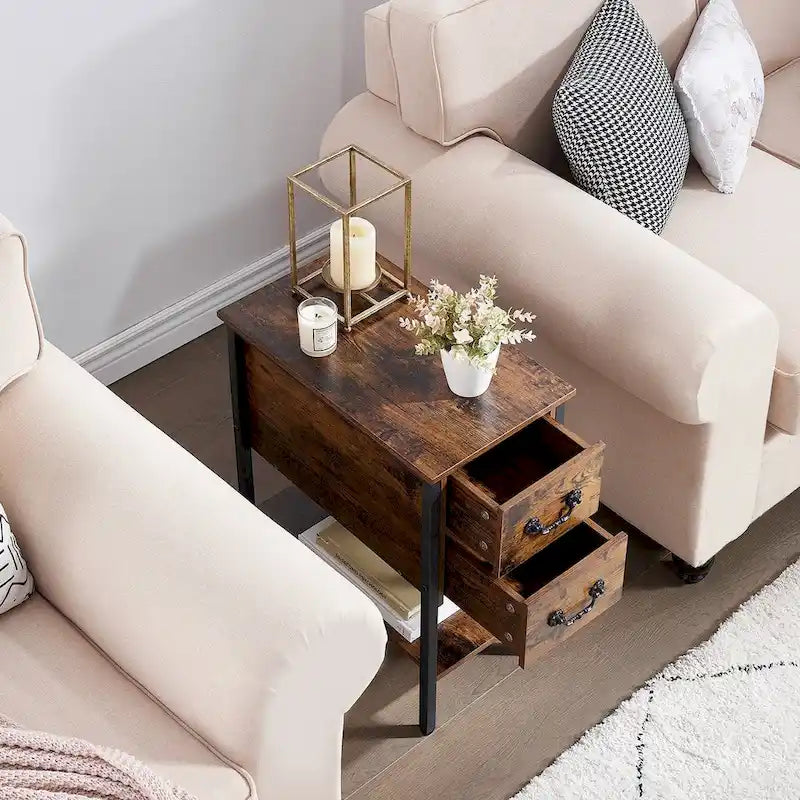 Table de chevet industrielle à 2 tiroirs, table d'appoint étroite