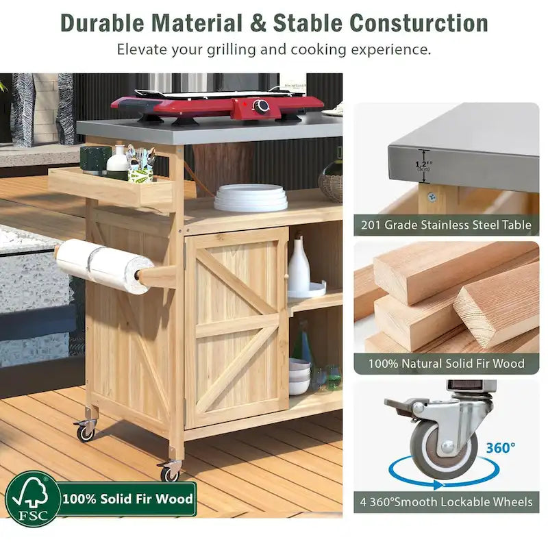 Îlot de cuisine extérieure avec chariot à roulettes et plan de travail en acier inoxydable