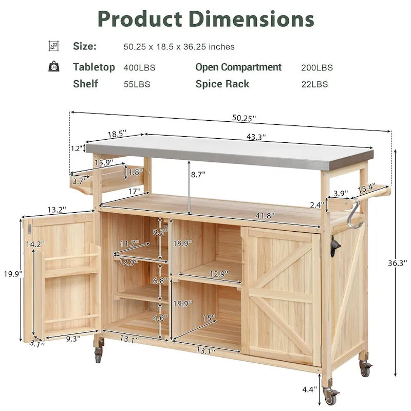 Îlot de cuisine extérieure avec chariot à roulettes et plan de travail en acier inoxydable
