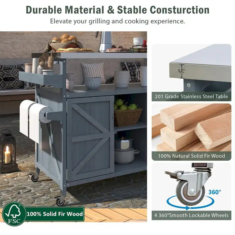 Îlot de cuisine extérieure avec chariot à roulettes et plan de travail en acier inoxydable