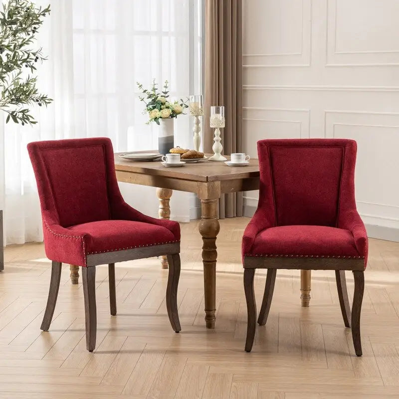Chaises de salle à manger en tissu épais avec pieds en bois massif, clous décoratifs en bronze, lot de 2