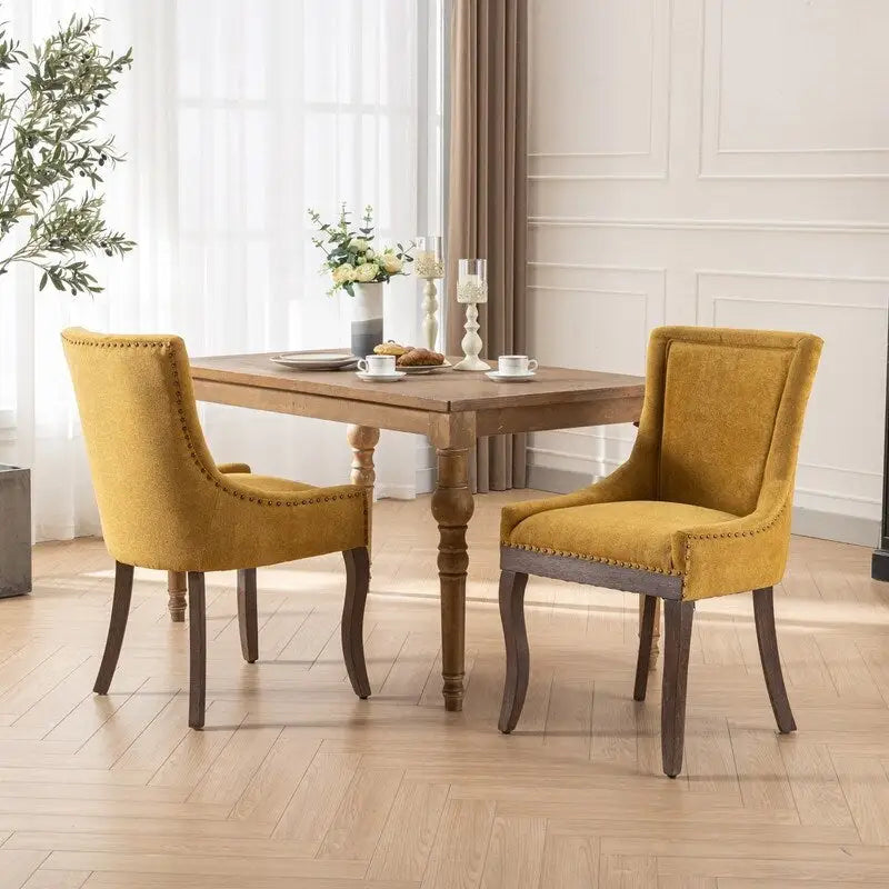 Chaises de salle à manger en tissu épais avec pieds en bois massif, clous décoratifs en bronze, lot de 2