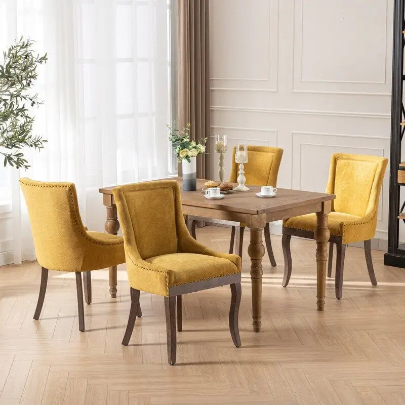 Chaises de salle à manger en tissu épais avec pieds en bois massif, clous décoratifs en bronze, lot de 2