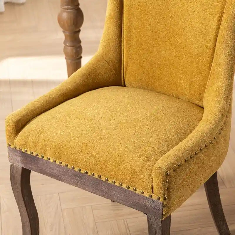 Chaises de salle à manger en tissu épais avec pieds en bois massif, clous décoratifs en bronze, lot de 2