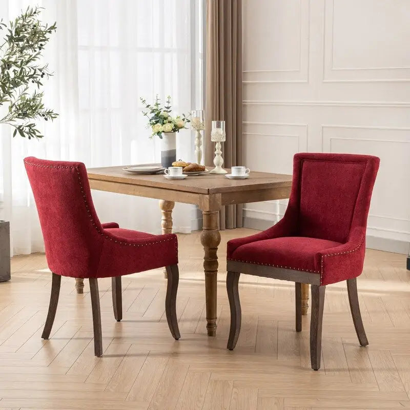 Chaises de salle à manger en tissu épais avec pieds en bois massif, clous décoratifs en bronze, lot de 2