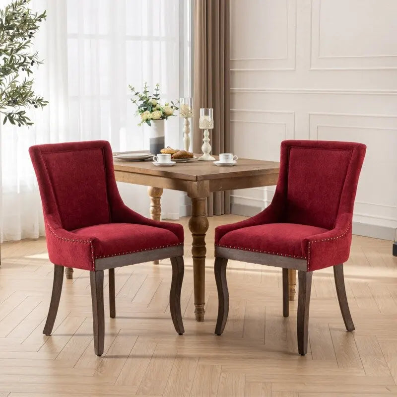 Chaises de salle à manger en tissu épais avec pieds en bois massif, clous décoratifs en bronze, lot de 2