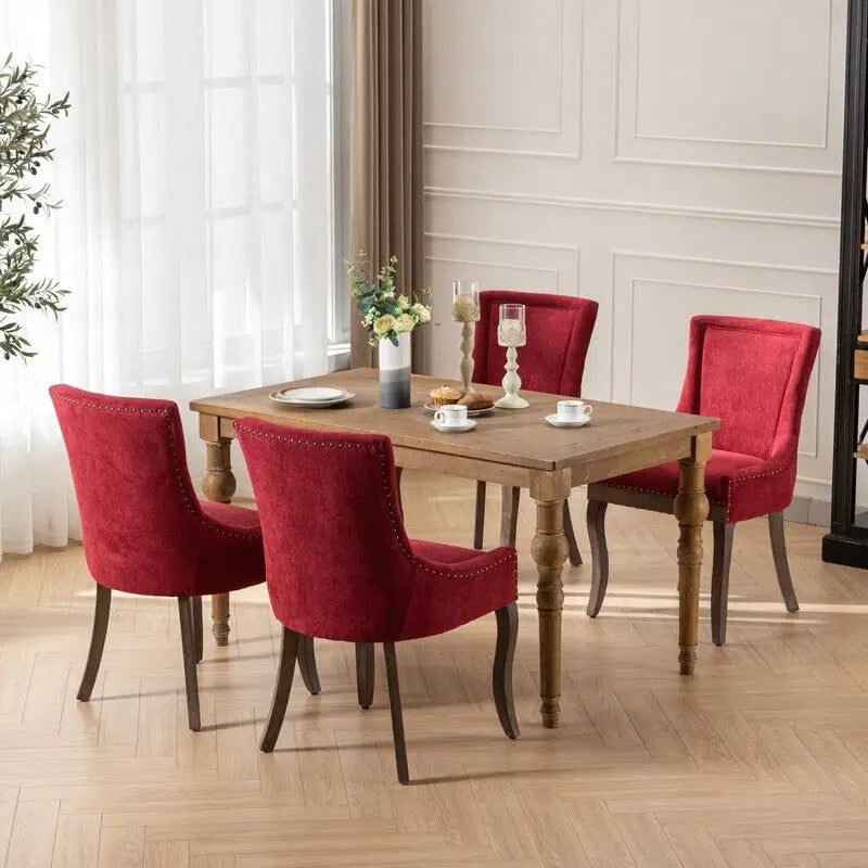Chaises de salle à manger en tissu épais avec pieds en bois massif, clous décoratifs en bronze, lot de 2