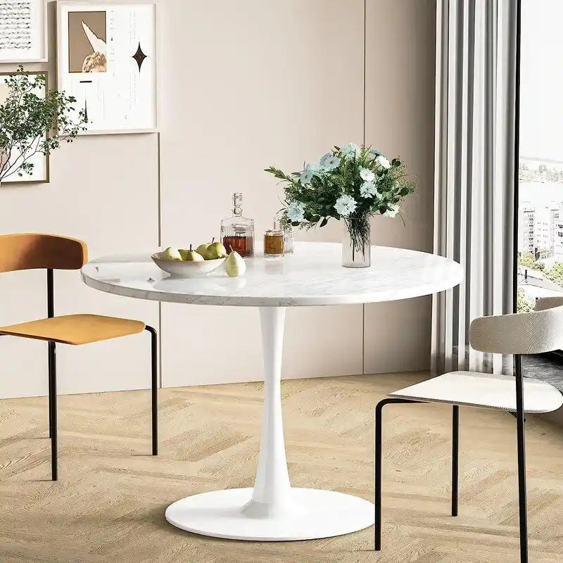 Table de cuisine ou de salle à manger ronde Grondin de style moderne du milieu du siècle, avec plateau en MDF de qualité supérieure et pied central en acier.