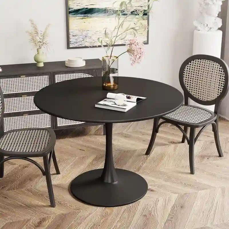 Table de cuisine ou de salle à manger ronde Grondin de style moderne du milieu du siècle, avec plateau en MDF de qualité supérieure et pied central en acier.