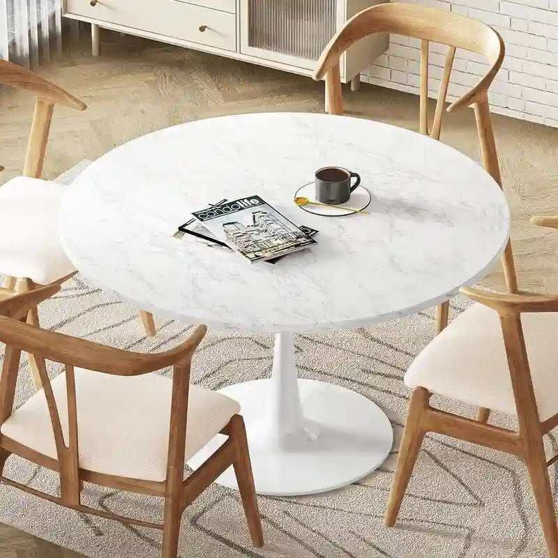 Table de cuisine ou de salle à manger ronde Grondin de style moderne du milieu du siècle, avec plateau en MDF de qualité supérieure et pied central en acier.