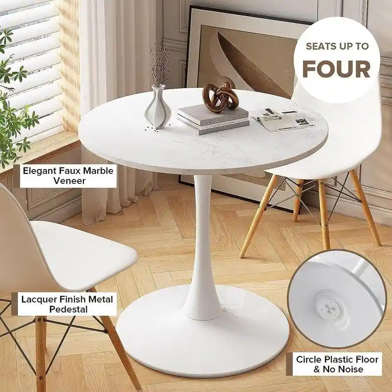 Table de cuisine ou de salle à manger ronde Grondin de style moderne du milieu du siècle, avec plateau en MDF de qualité supérieure et pied central en acier.