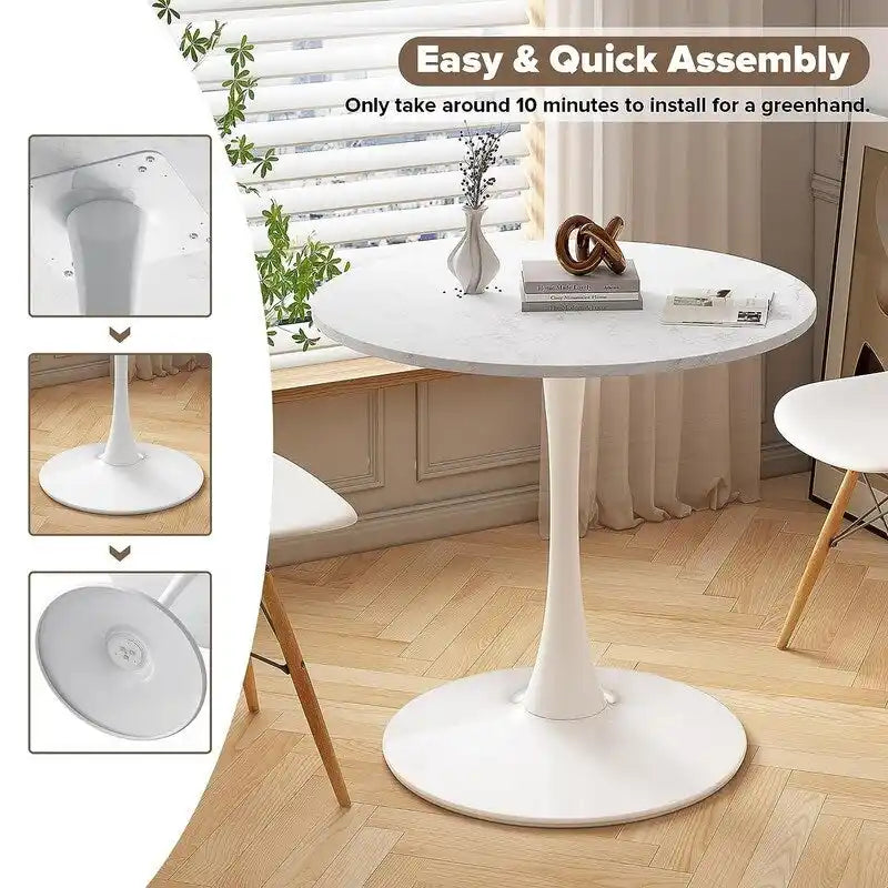 Table de cuisine ou de salle à manger ronde Grondin de style moderne du milieu du siècle, avec plateau en MDF de qualité supérieure et pied central en acier.