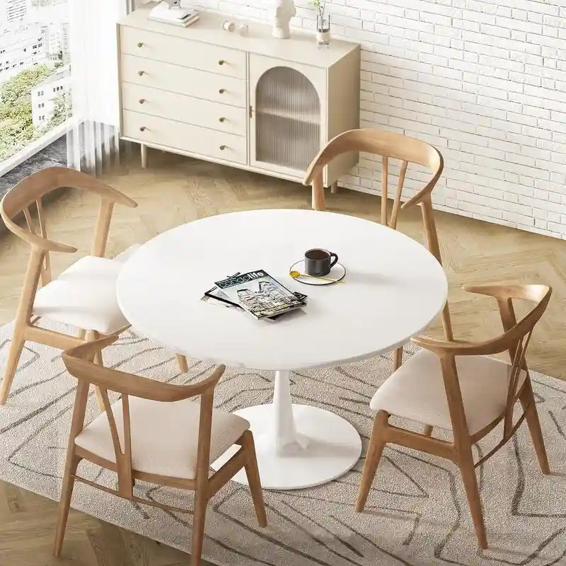 Table de cuisine ou de salle à manger ronde Grondin de style moderne du milieu du siècle, avec plateau en MDF de qualité supérieure et pied central en acier.