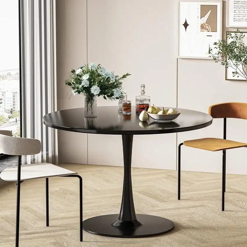 Table de cuisine ou de salle à manger ronde Grondin de style moderne du milieu du siècle, avec plateau en MDF de qualité supérieure et pied central en acier.