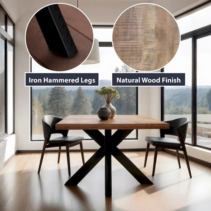 Table de salle à manger carrée de 122 cm (48 pouces), en bois de manguier massif avec pieds en métal robustes de type araignée.