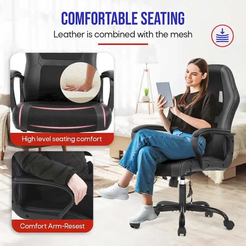 Fauteuil de bureau pivotant ergonomique Zane Modern noir, réglable en hauteur, avec massage lombaire par vibration