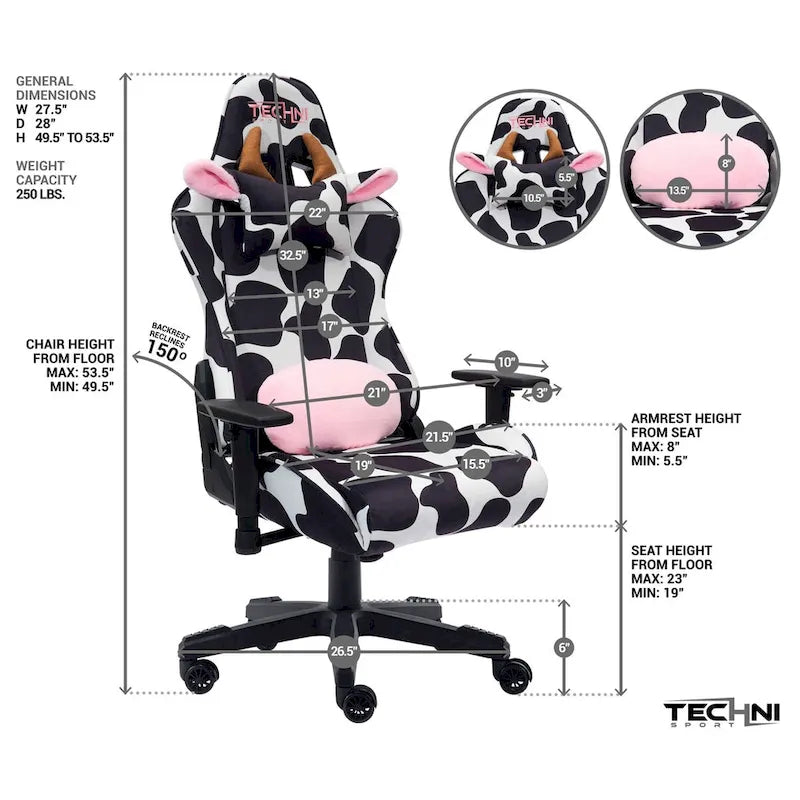 Chaise de jeu réglable Luxx Series à imprimé vache amusant