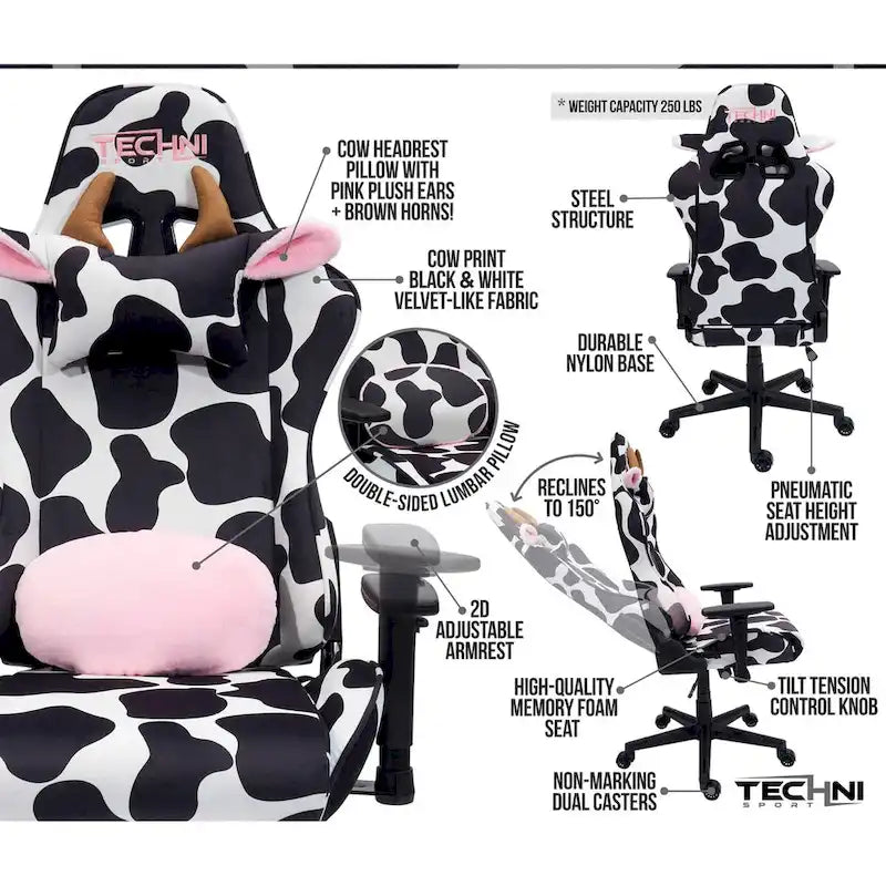 Chaise de jeu réglable Luxx Series à imprimé vache amusant