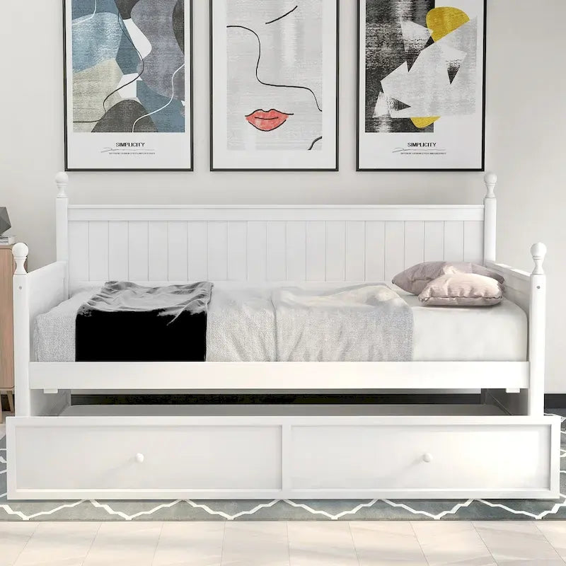 Lit de jour moderne White+Trundle pour une personne avec lit gigogne et rangement dissimulé